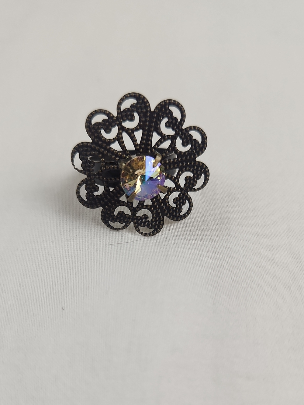 Filigree Adjustable Flower Ring with Aurora Borealis Swarovski Crystal